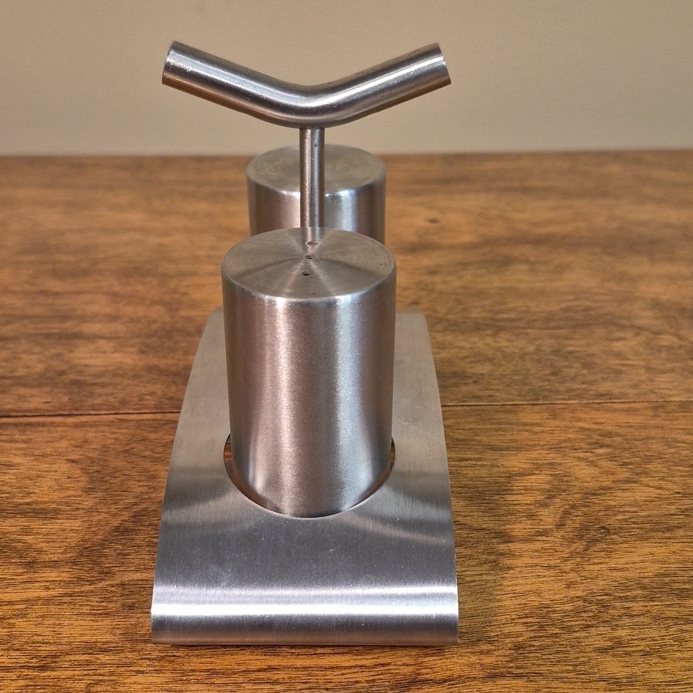 VINTAGE Stainless Steel Salt And Pepper Shaker Set With Caddy - Picture 4 of 14